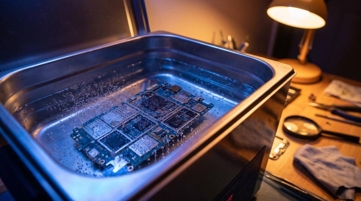 Carte mère dans le bac à ultrasons après un dégât des eaux