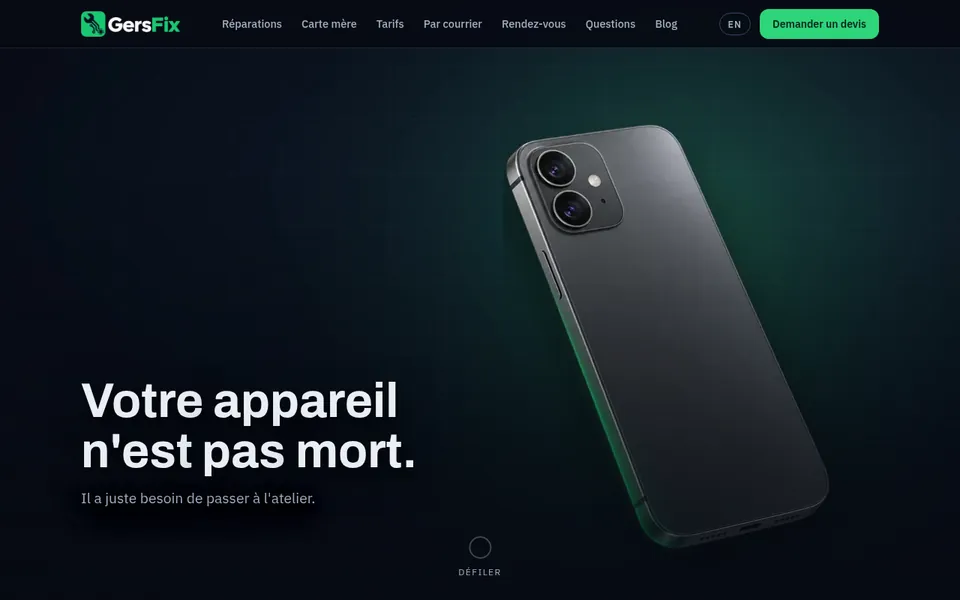 La page d'accueil de gersfix.fr sur un ordinateur portable
