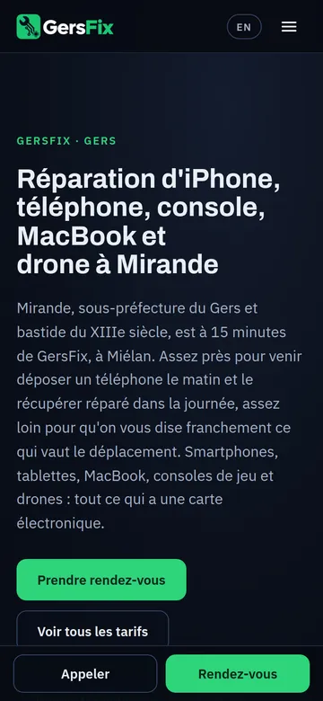 Une page de gersfix.fr sur un téléphone